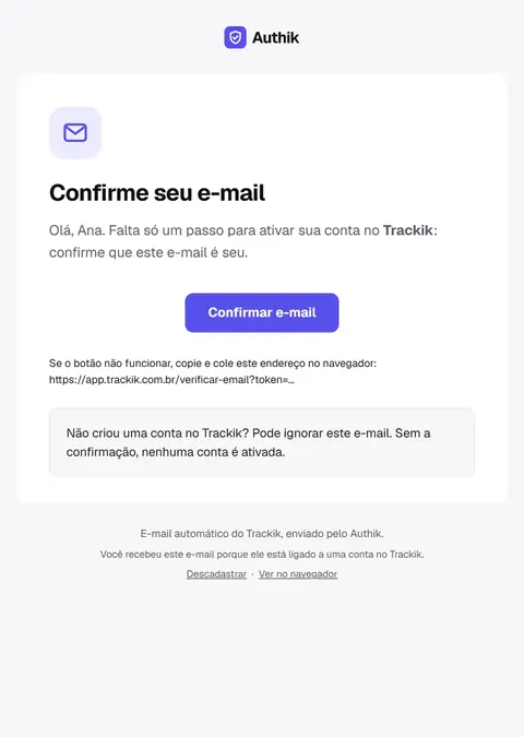 E-mail Authik: Confirme seu e-mail no Trackik