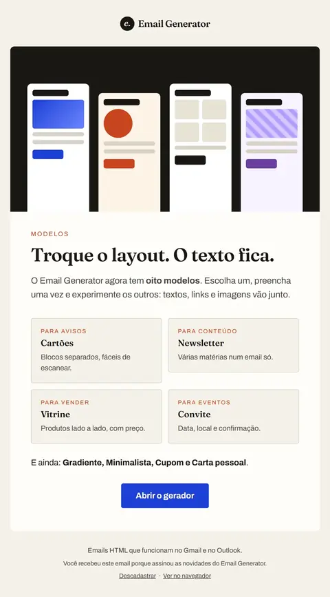 E-mail Email Generator: Oito modelos de e-mail, um clique para trocar