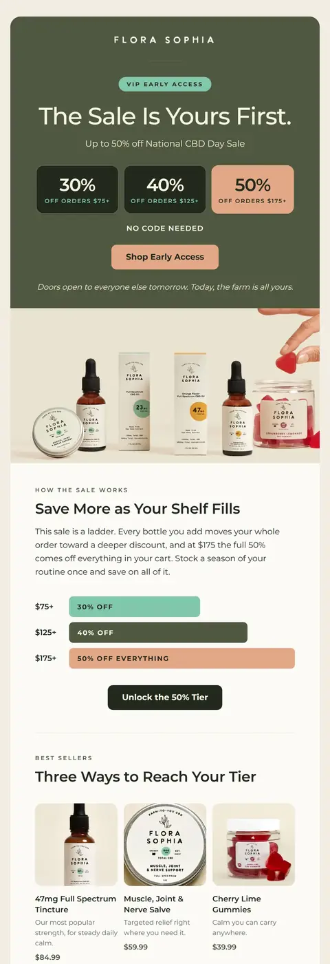 E-mail Flora Sophia: VIP early access: up to 50% off for National CBD Day