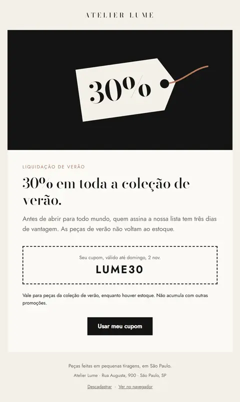 E-mail Atelier Lume: Só para quem assina: 30% em toda a coleção de verão
