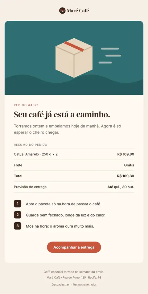 E-mail Maré Café: Seu pedido #4821 saiu para entrega