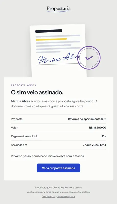 E-mail Propostaria: Marina Alves assinou a proposta "Reforma do apartamento 802"