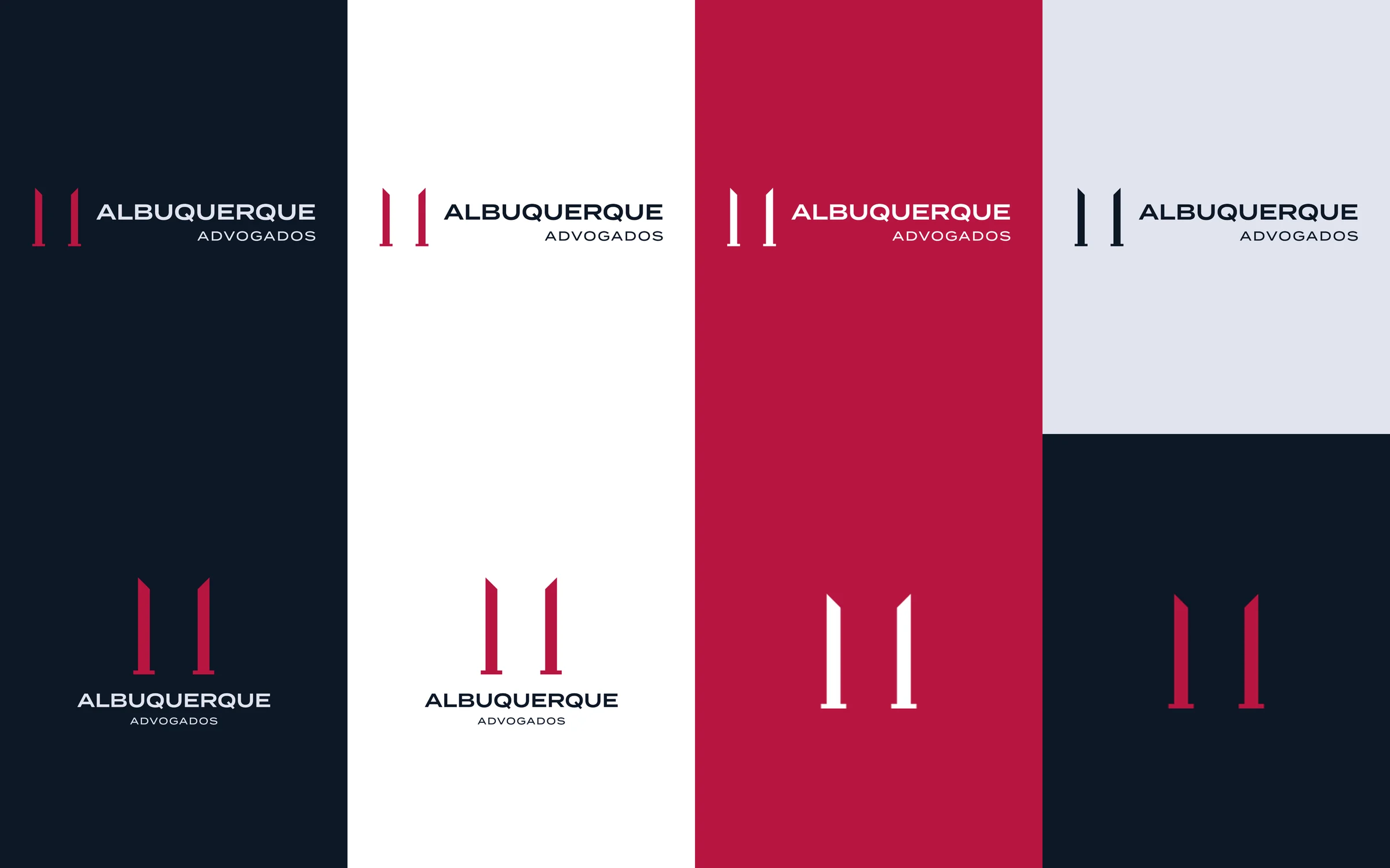 Oito versões do logo em azul-marinho, branco, vermelho e gelo