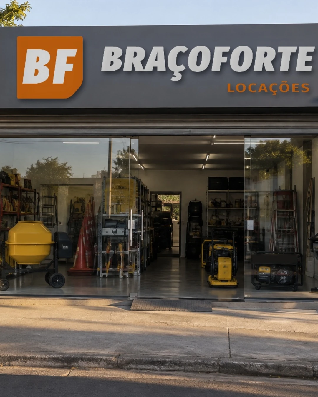 Loja com o letreiro da Braço Forte e um cartaz laranja na vitrine