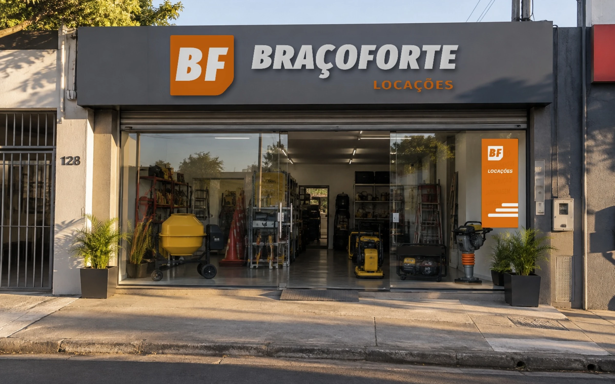 Loja com o letreiro da Braço Forte e um cartaz laranja na vitrine