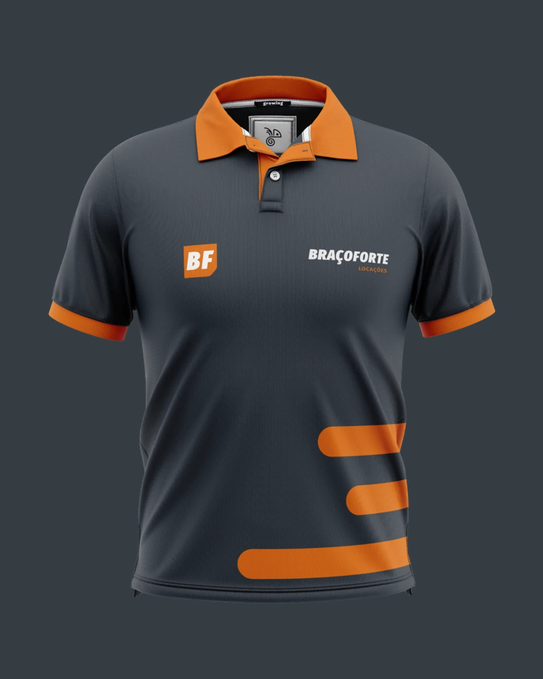 Camisa polo grafite com gola laranja e as faixas