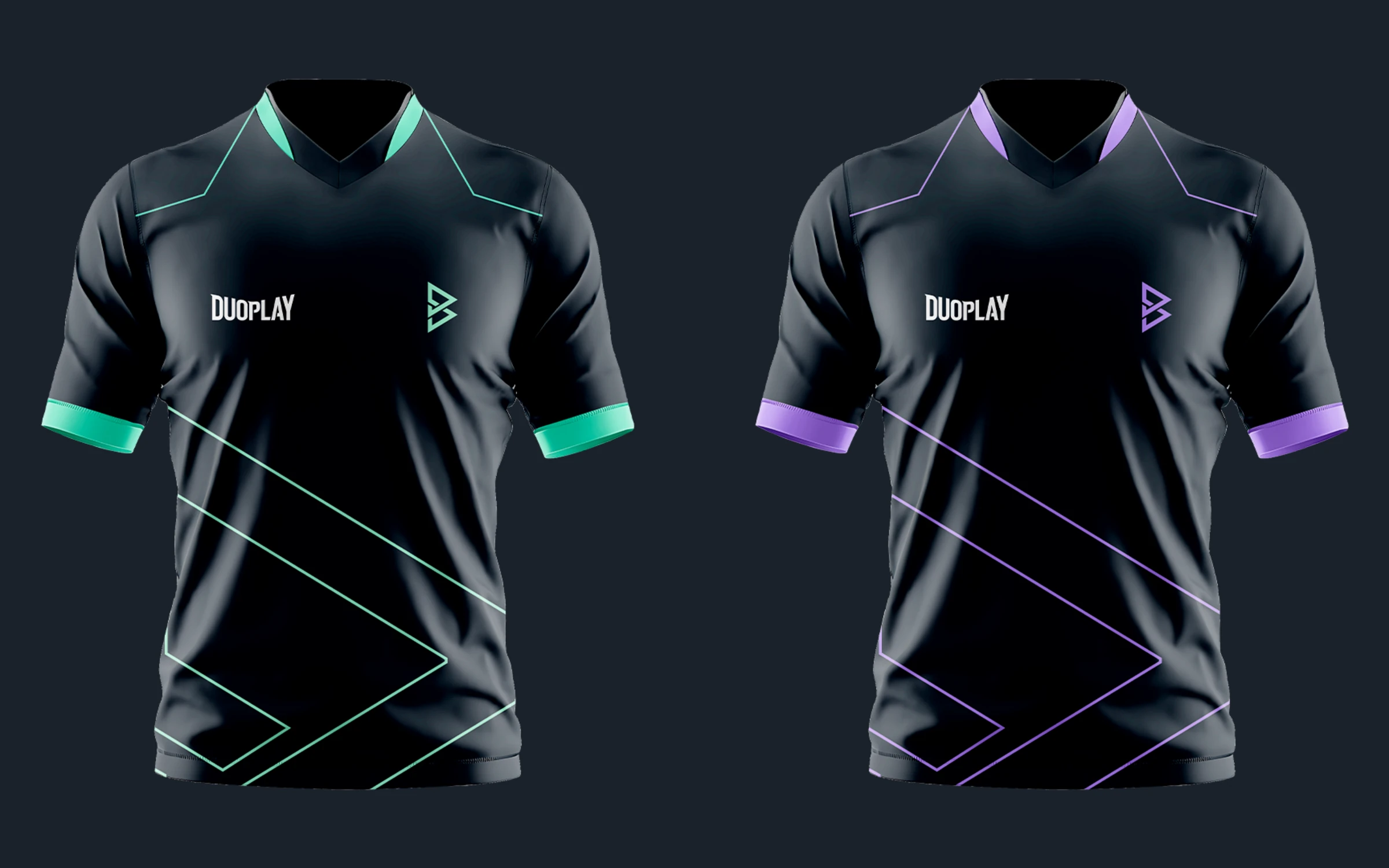 Duas camisas com a marca da DuoPlay, em menta e em roxo