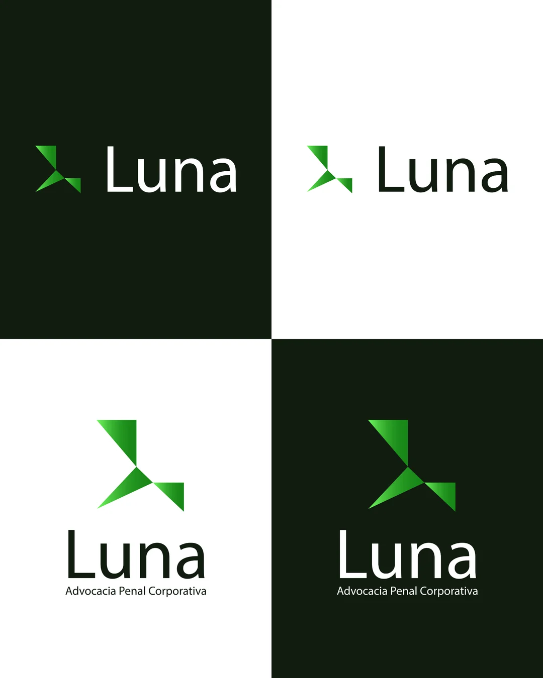 Oito versões do logo em fundos verde, branco, grafite e claro