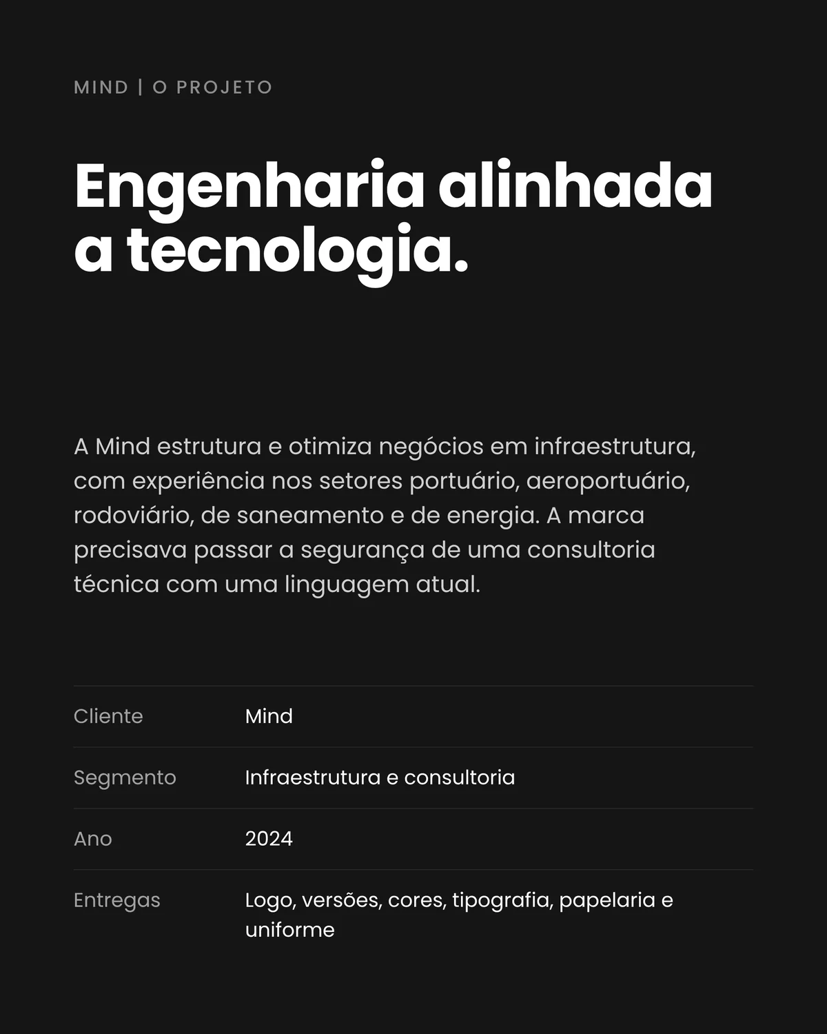 Texto de apresentação do projeto com cliente, segmento, ano e entregas