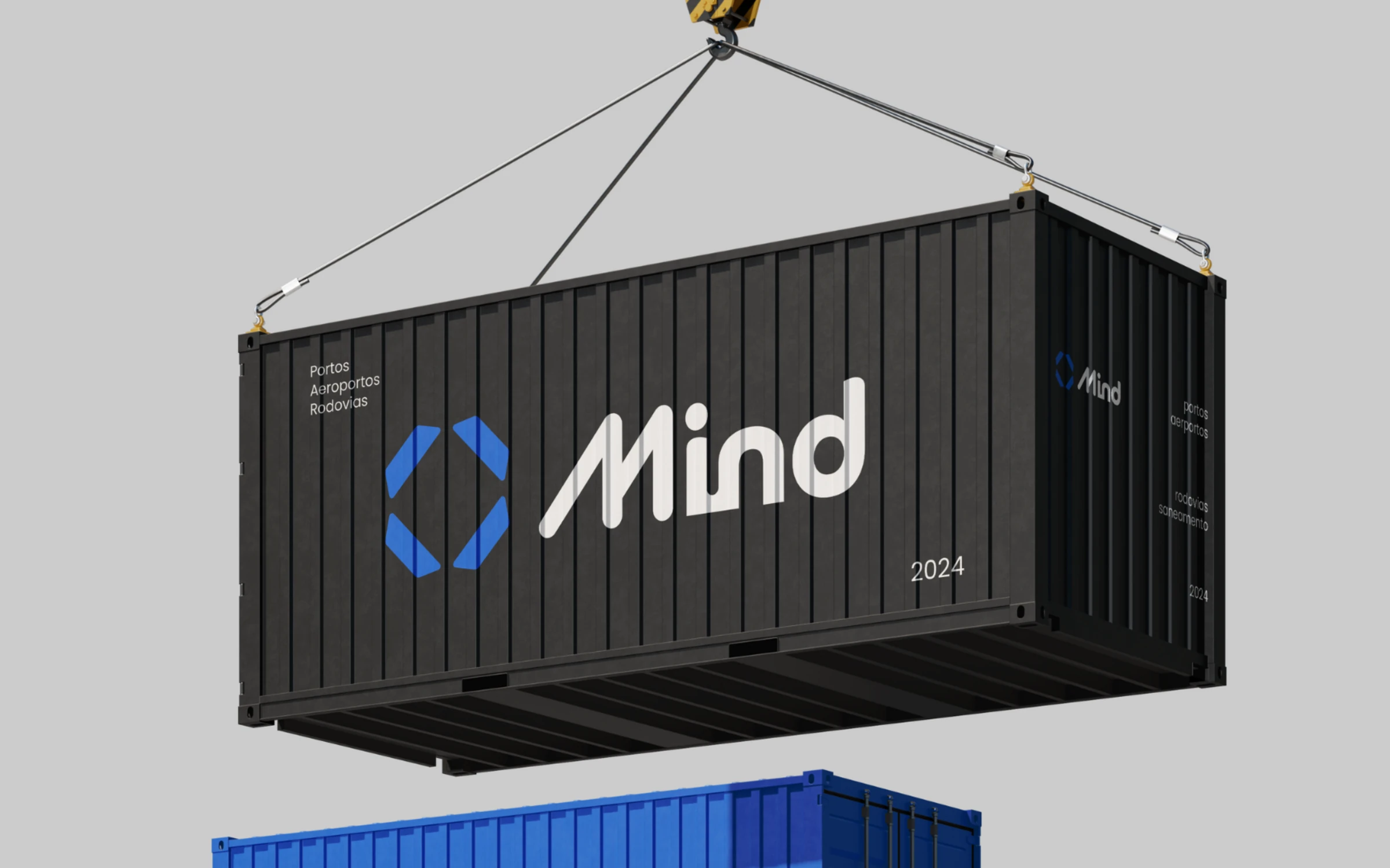 Contêiner preto suspenso com o logo da Mind