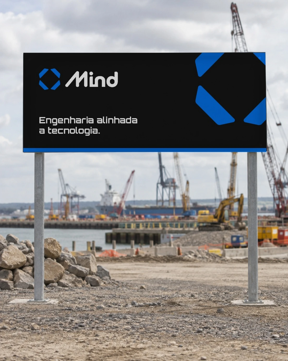 Placa de obra da Mind em um canteiro portuário