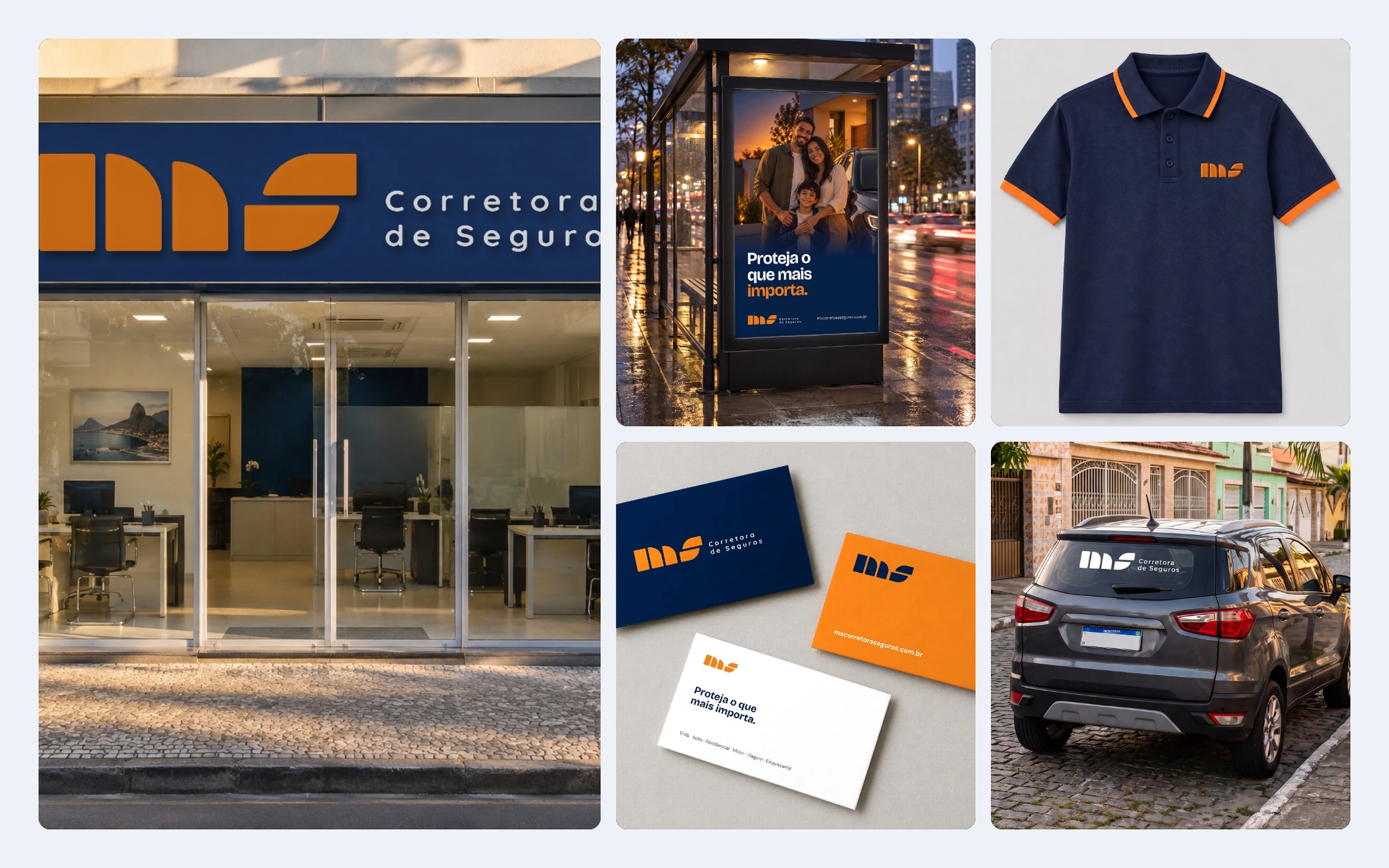 Fachada, cartaz, polo, cartões e carro com a marca da MS