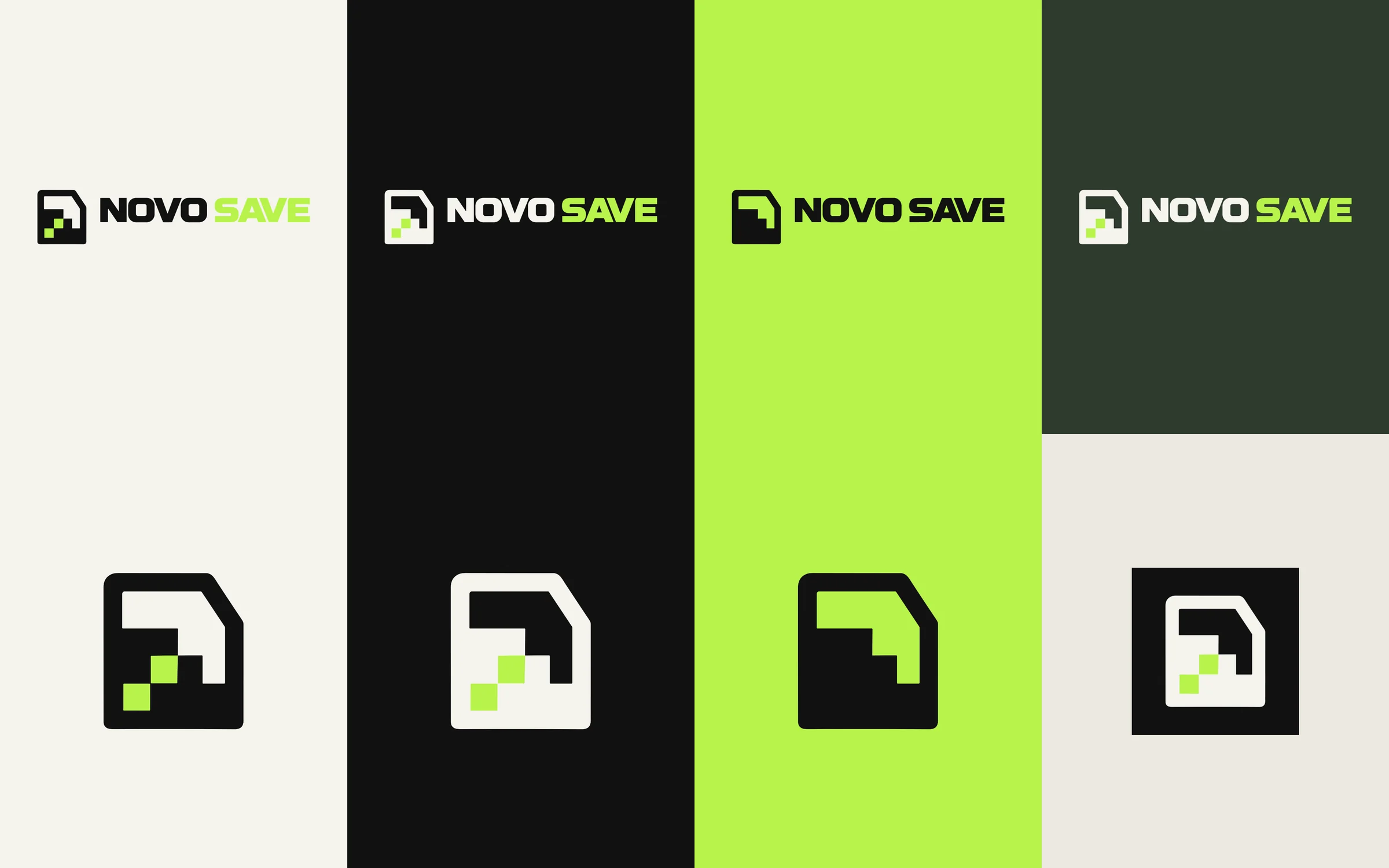 Versões do logo e do símbolo sobre creme, preto, verde e musgo, e o ícone de app
