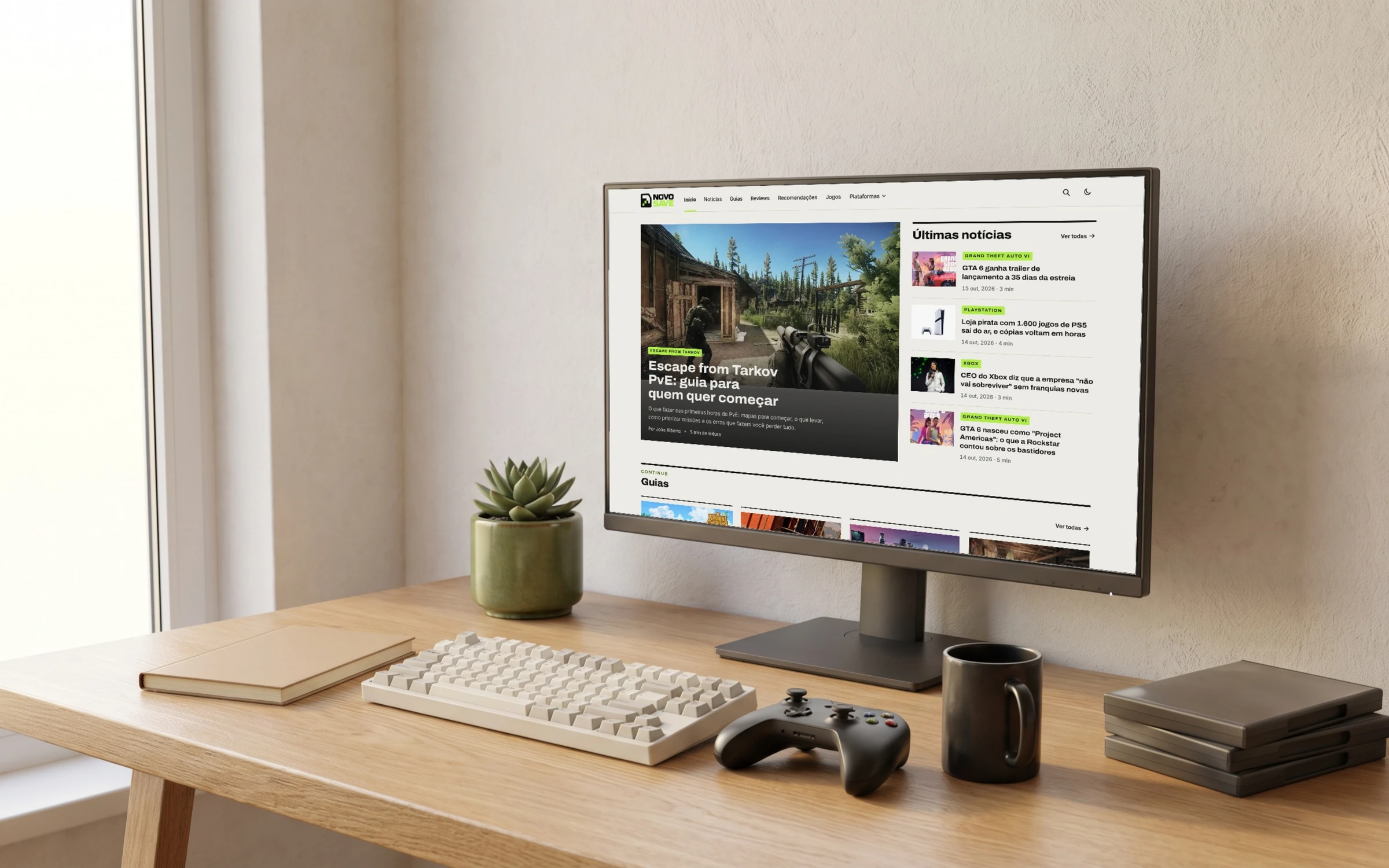 Mesa de trabalho com o site do Novo Save aberto no monitor