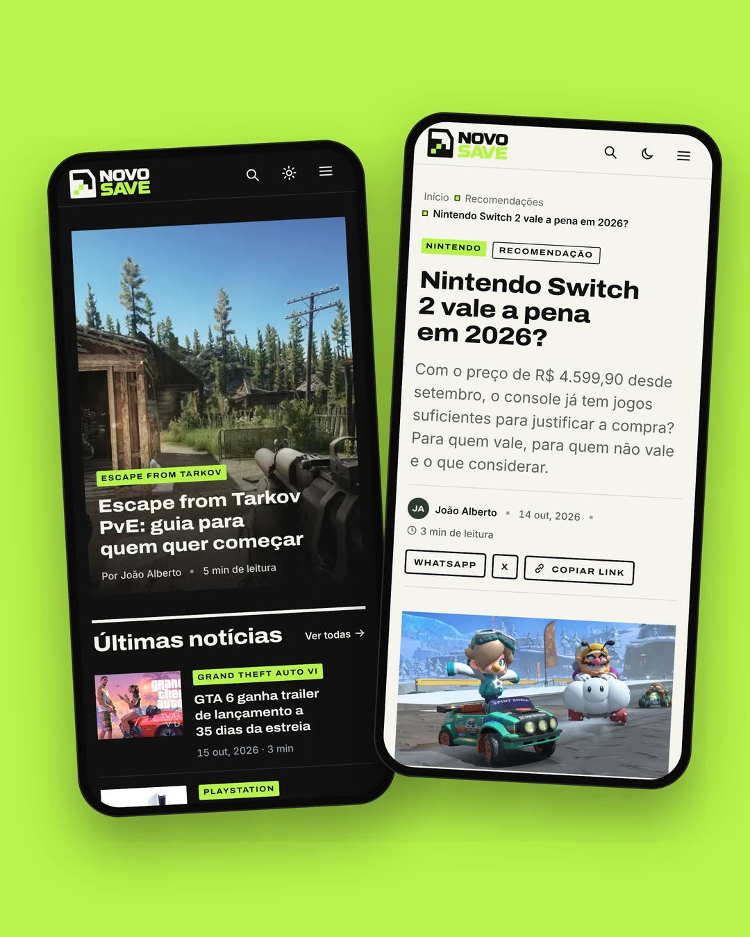 Três celulares com a home, uma recomendação e um guia do site