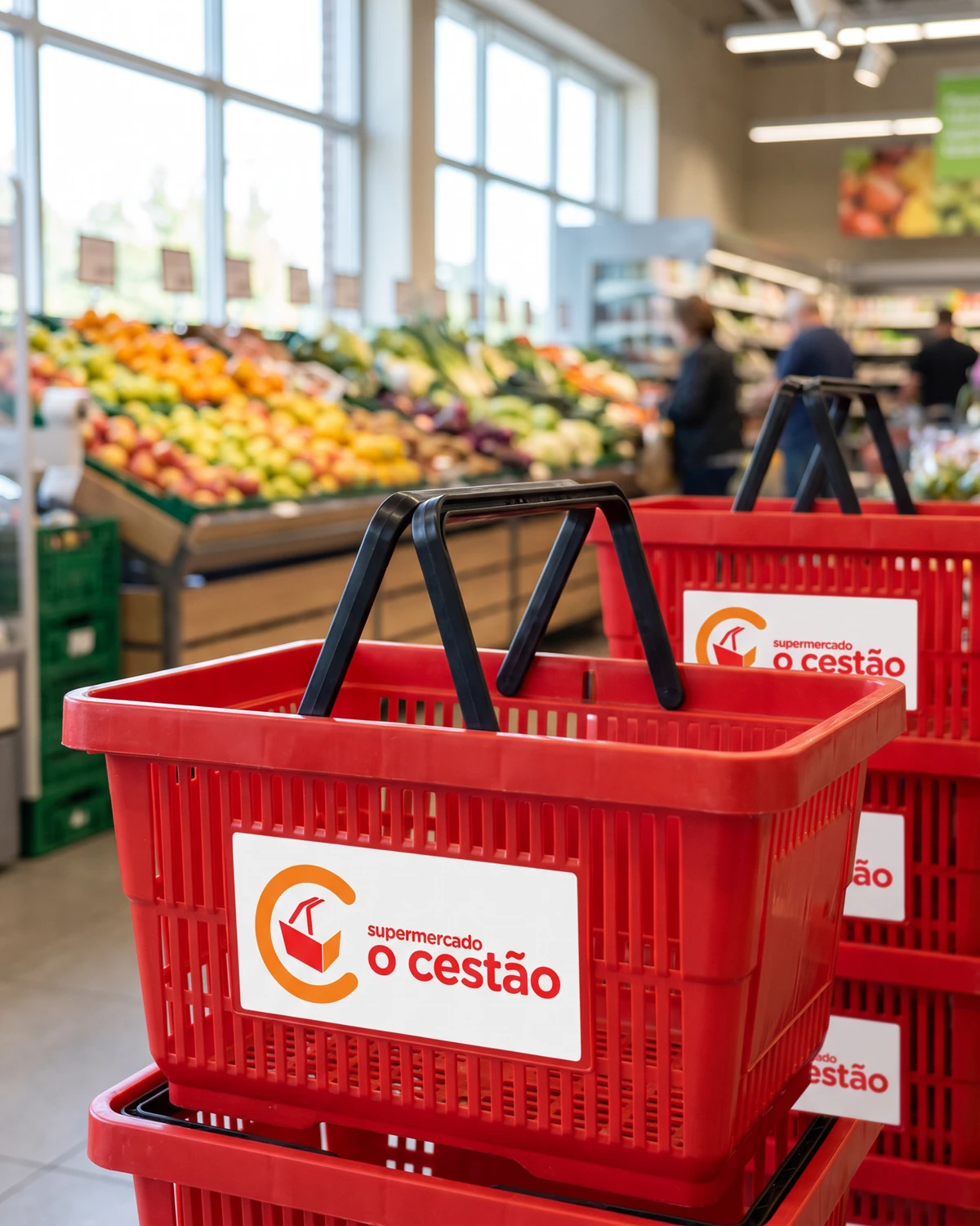 Cestas de compras vermelhas com a etiqueta do Cestão