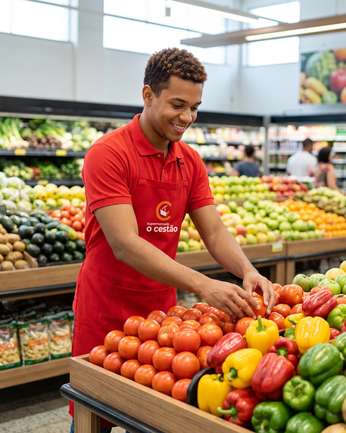 Funcionário com camisa polo e avental vermelhos do Cestão arrumando tomates