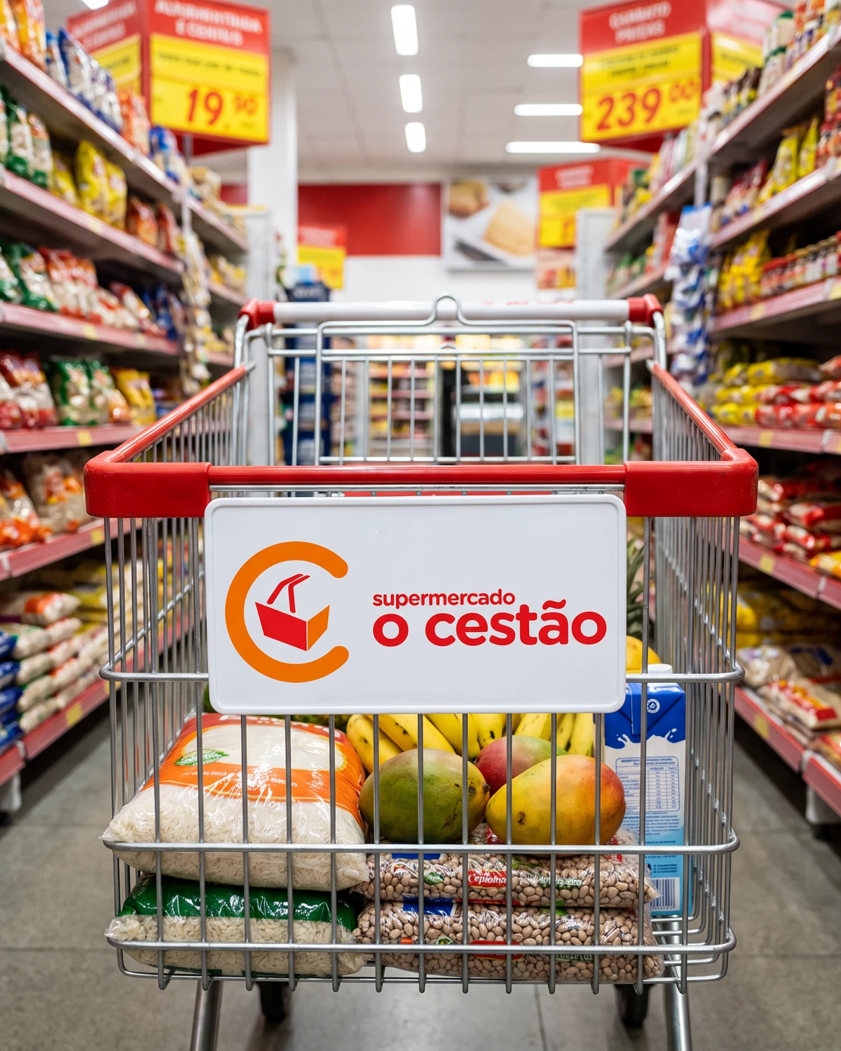 Carrinho de compras com a placa do Cestão em um corredor do mercado