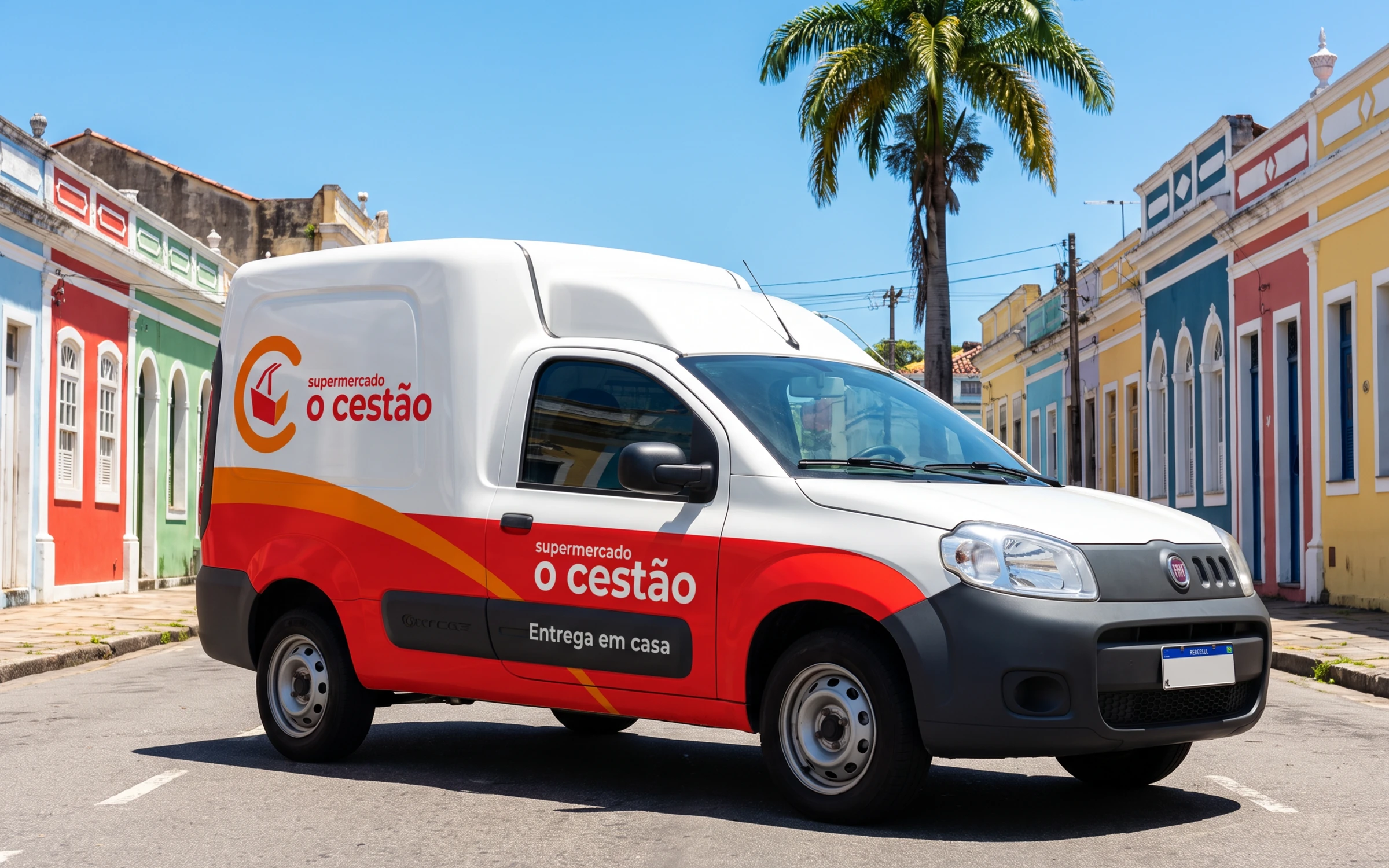 Van de entregas branca e vermelha do Cestão em uma rua com casarios coloridos