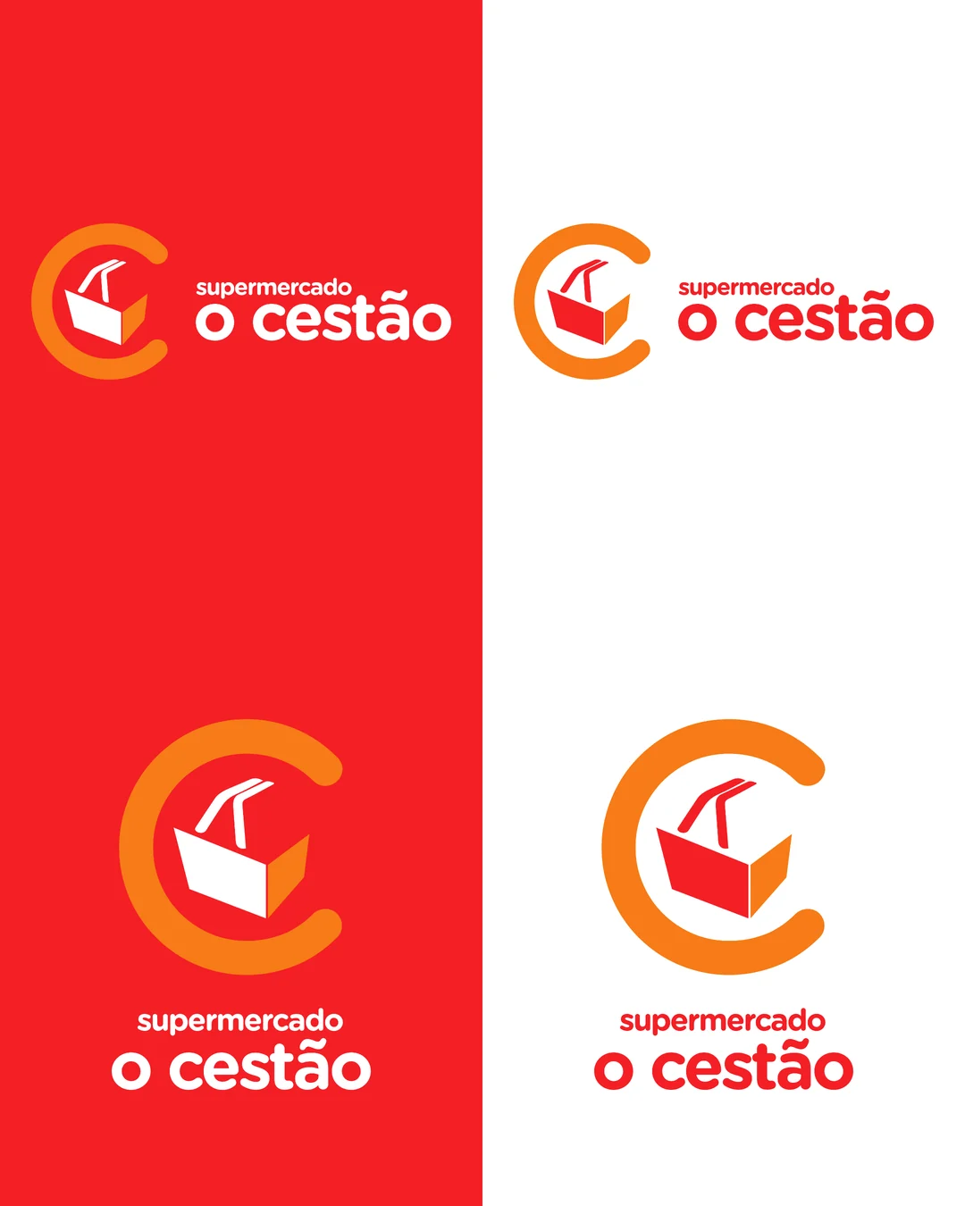 Oito versões do logo em vermelho, branco, laranja, creme e amarelo