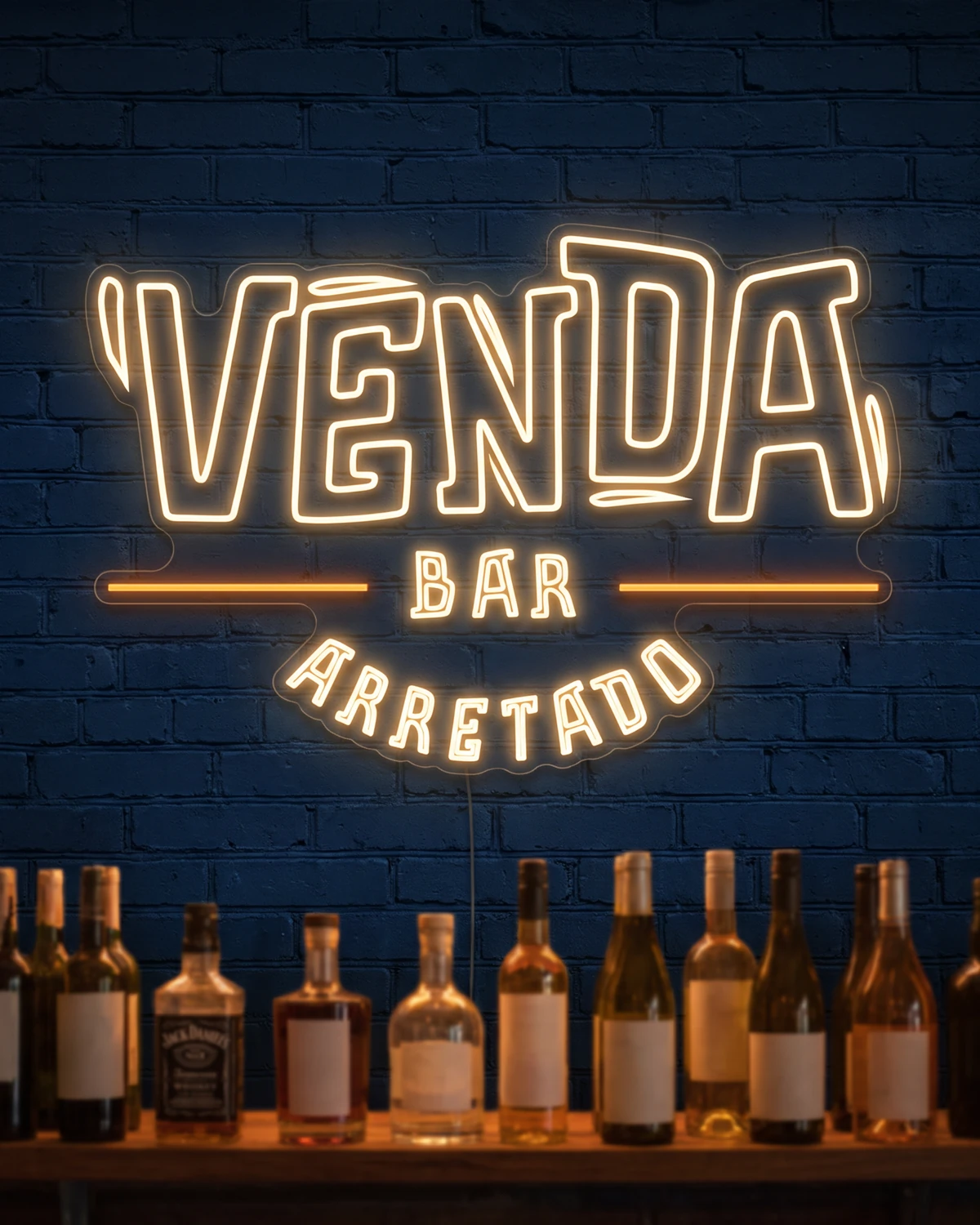 Letreiro de neon do Venda numa parede de tijolos azul