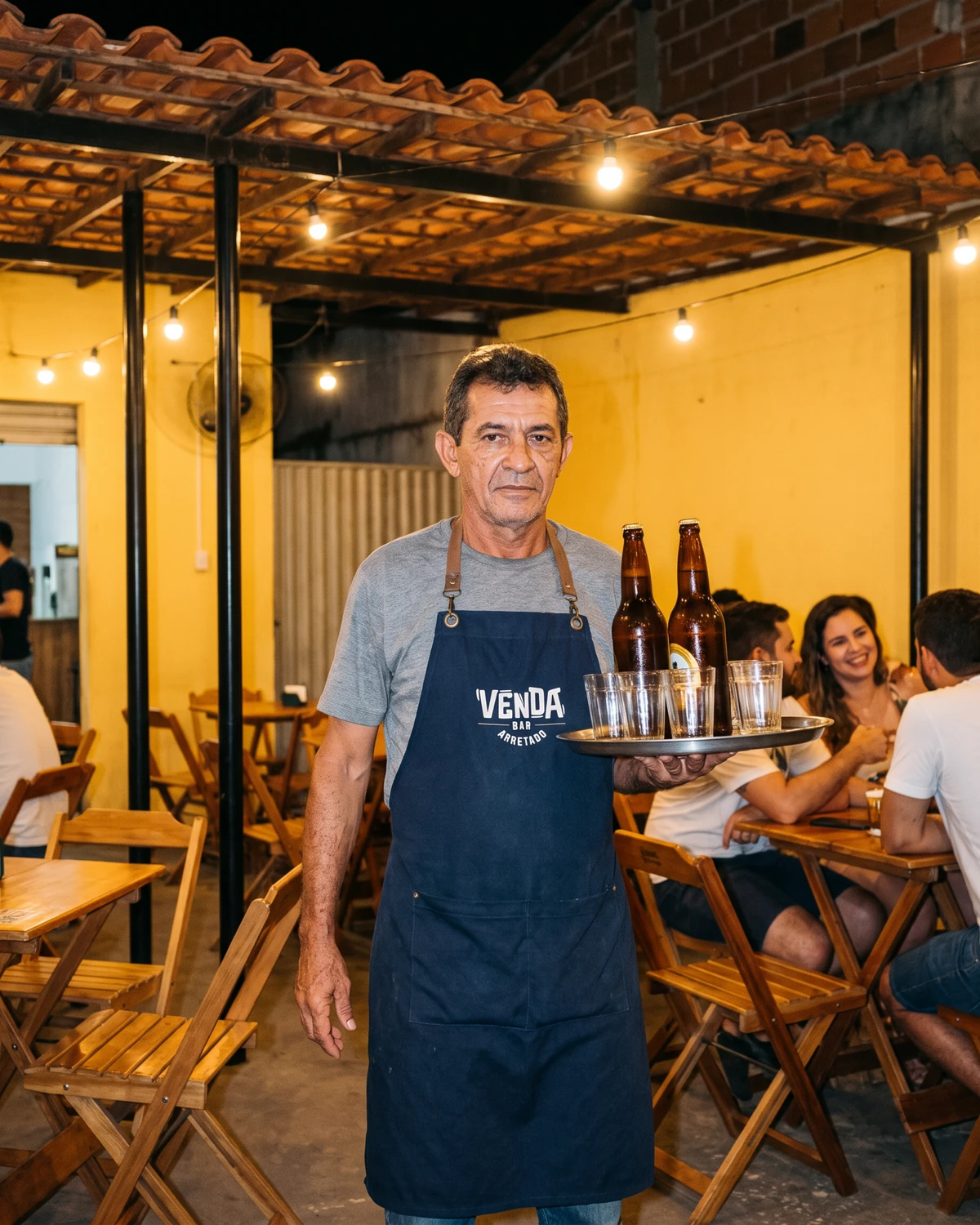 Garçom com avental azul do Venda servindo cervejas no salão