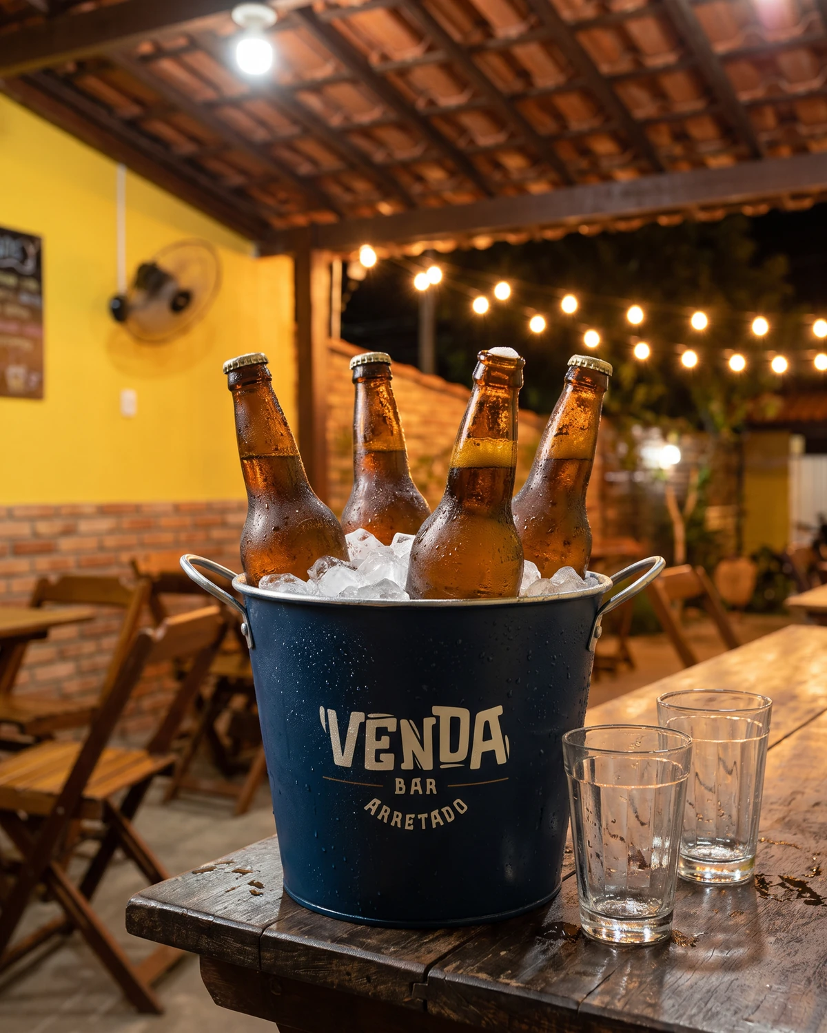 Balde azul do Venda com cervejas no gelo, na mesa de madeira