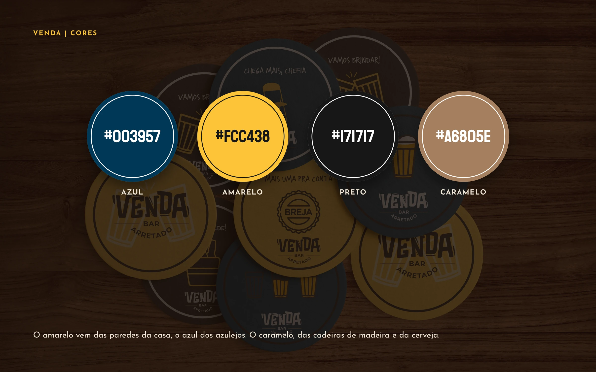 As cores da marca em porta-copos: azul, amarelo, preto e caramelo
