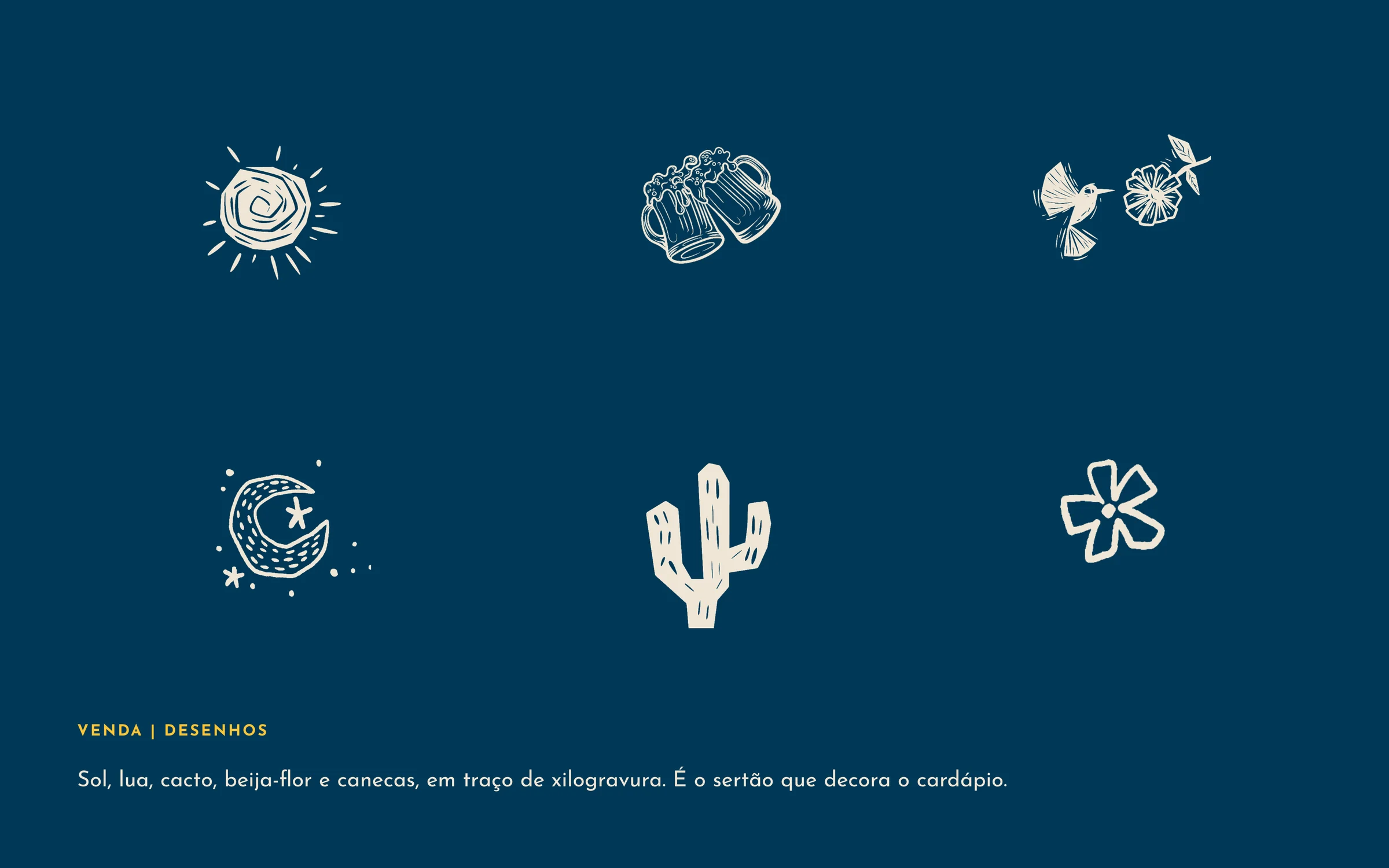Os desenhos dos cardápios: sol, canecas, beija-flor, lua, cacto e flor