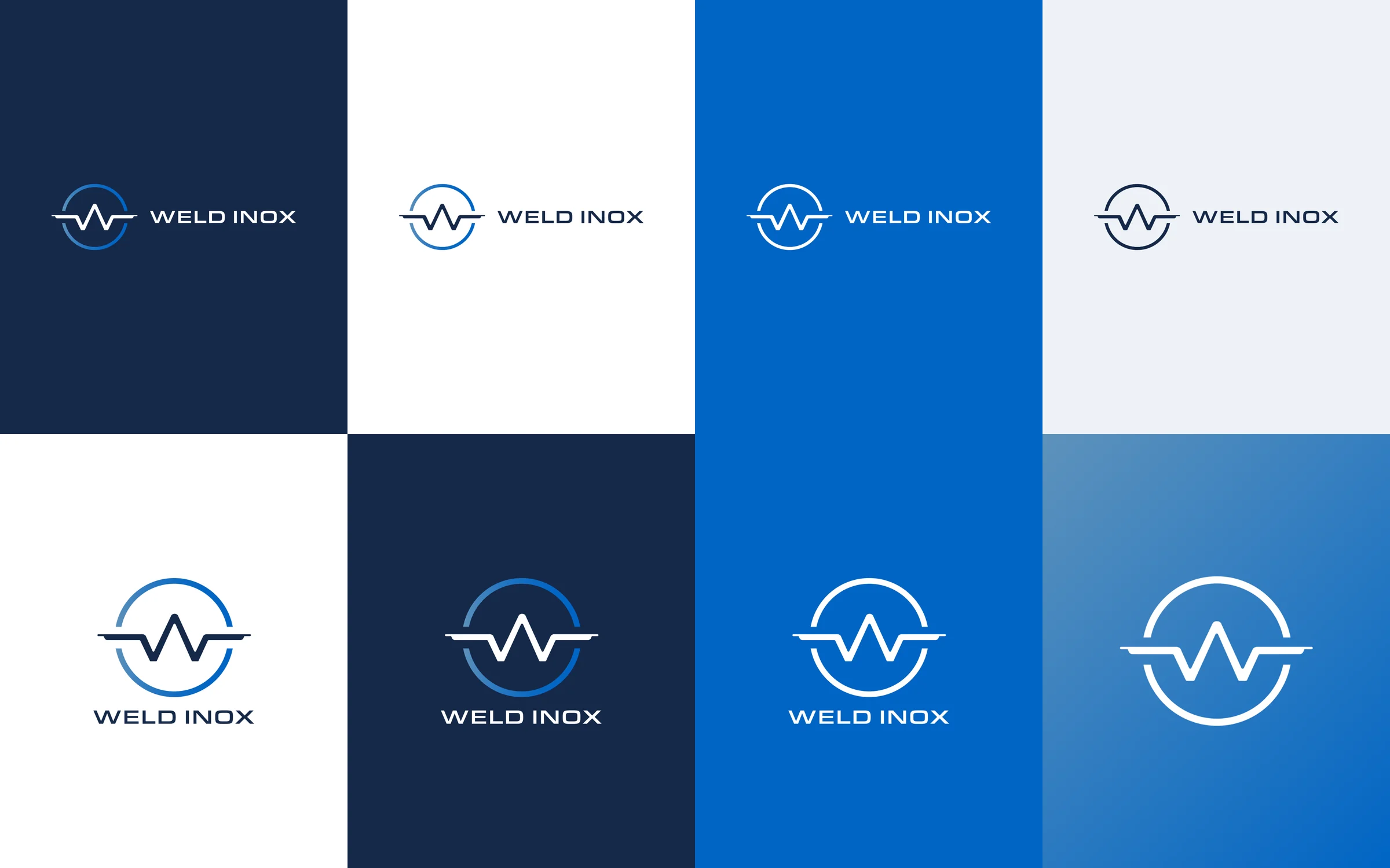 Oito versões do logo em fundos azul-marinho, branco e azul
