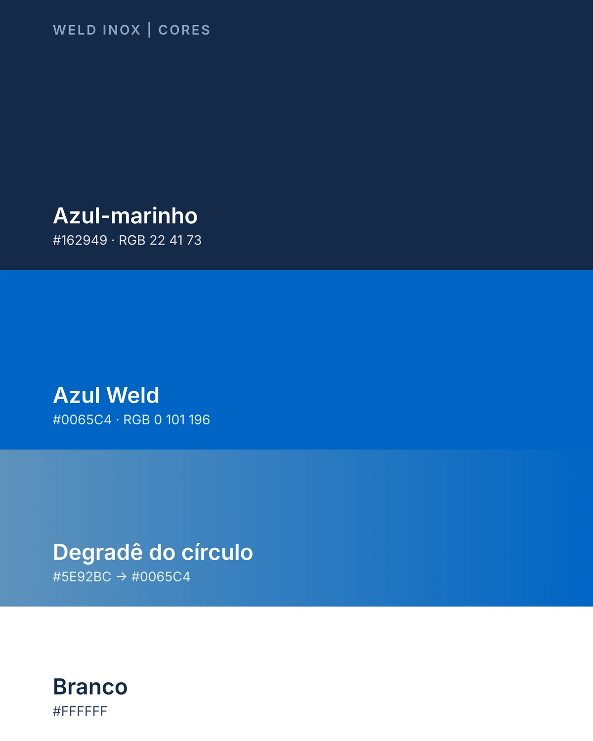 Paleta: azul-marinho, azul Weld, degradê do círculo e branco