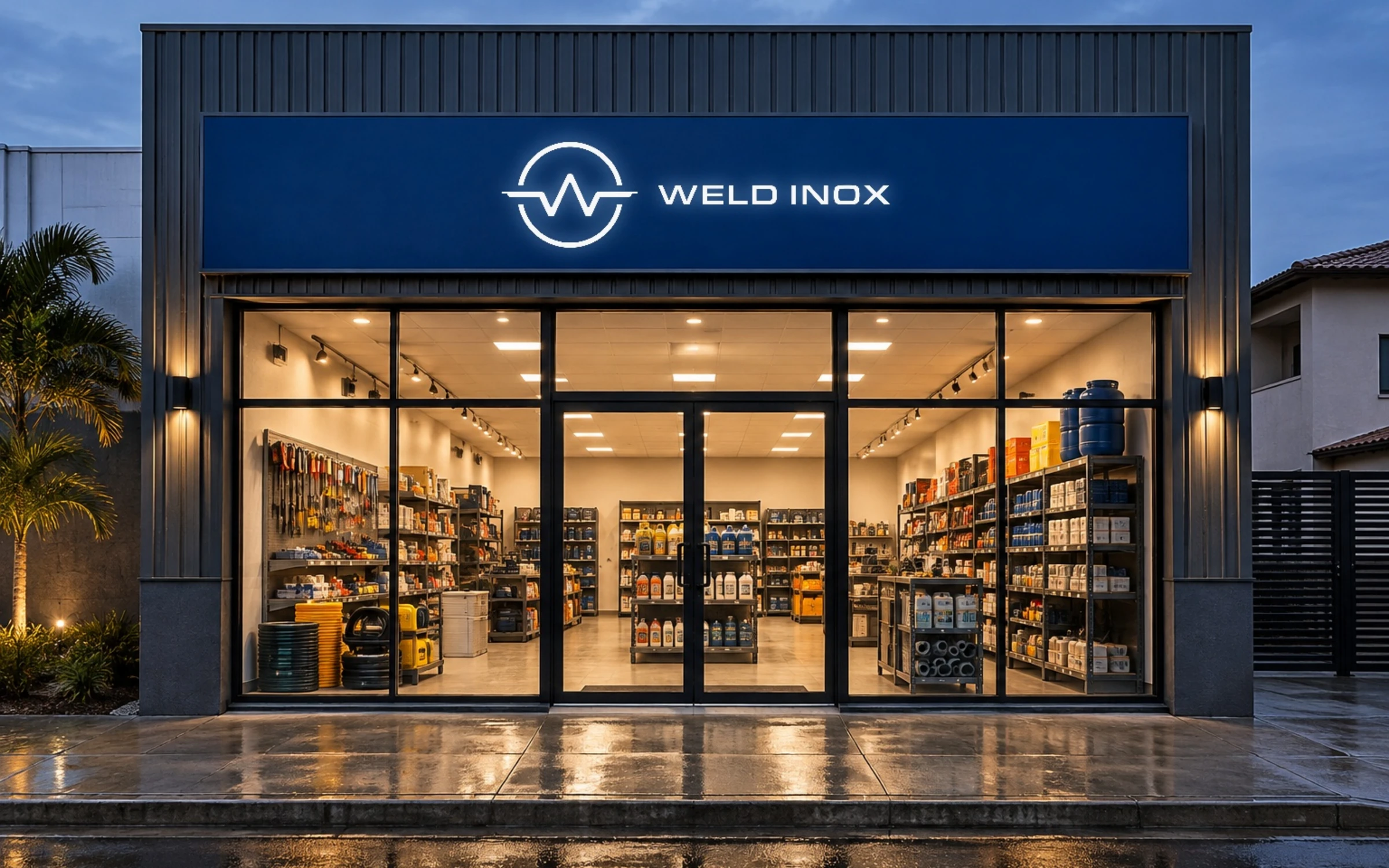 Fachada de loja com o letreiro iluminado da Weld Inox