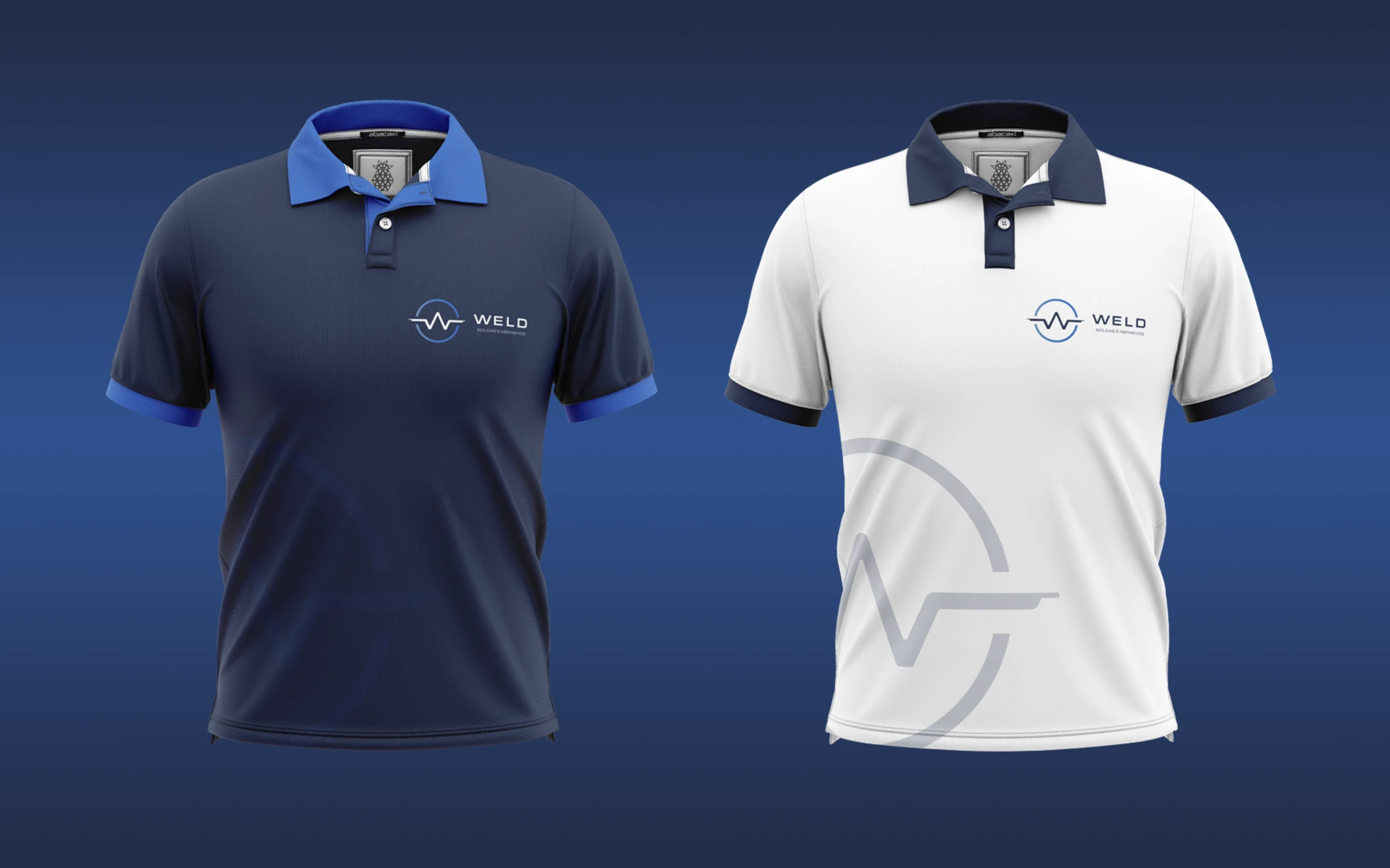 Camisas polo azul-marinho e branca com o logo