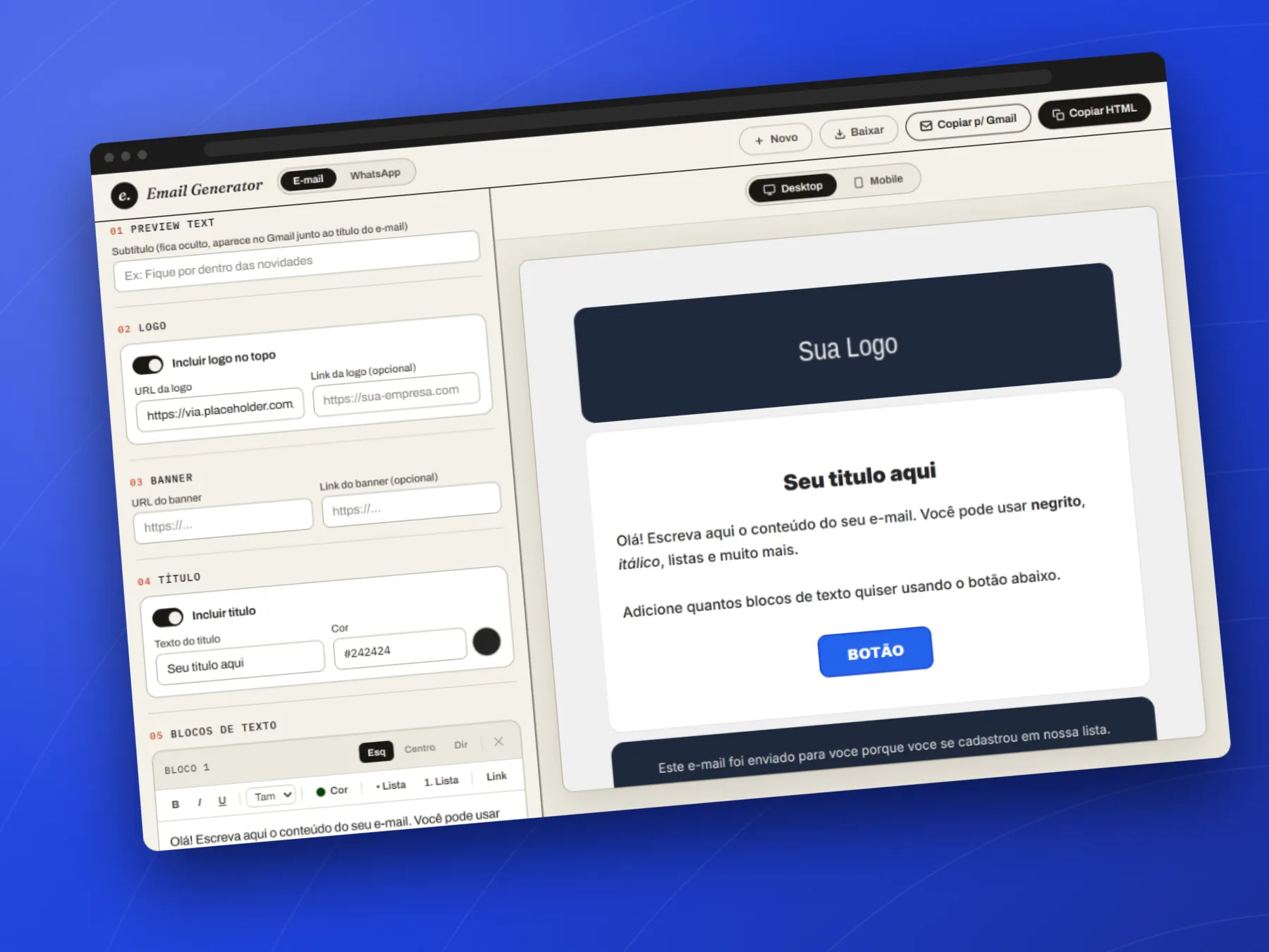 Gerador de e-mail HTML com prévia ao vivo
