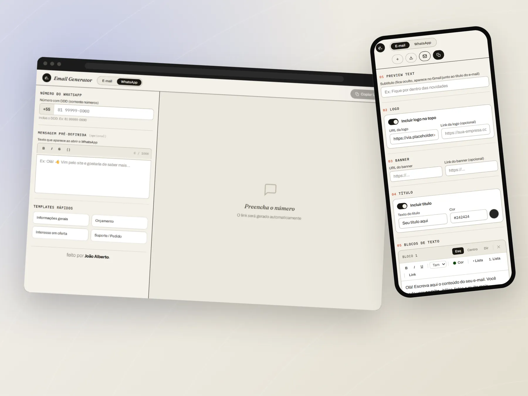 Gerador de link de WhatsApp e o editor no celular