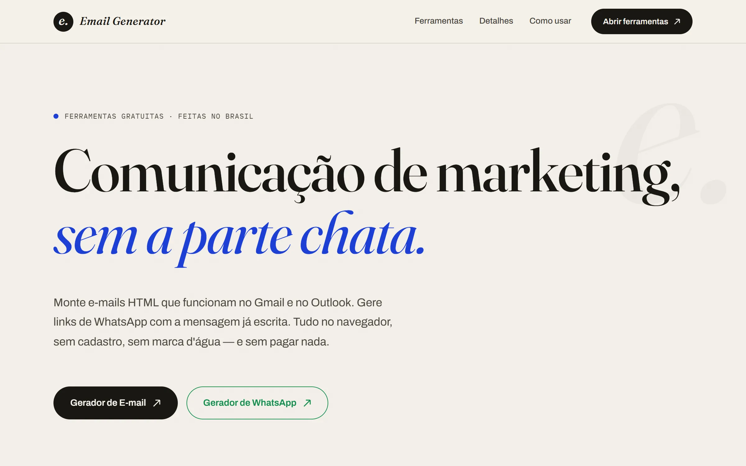 Página inicial do Email Generator: ferramentas gratuitas para e-mails HTML e links de WhatsApp