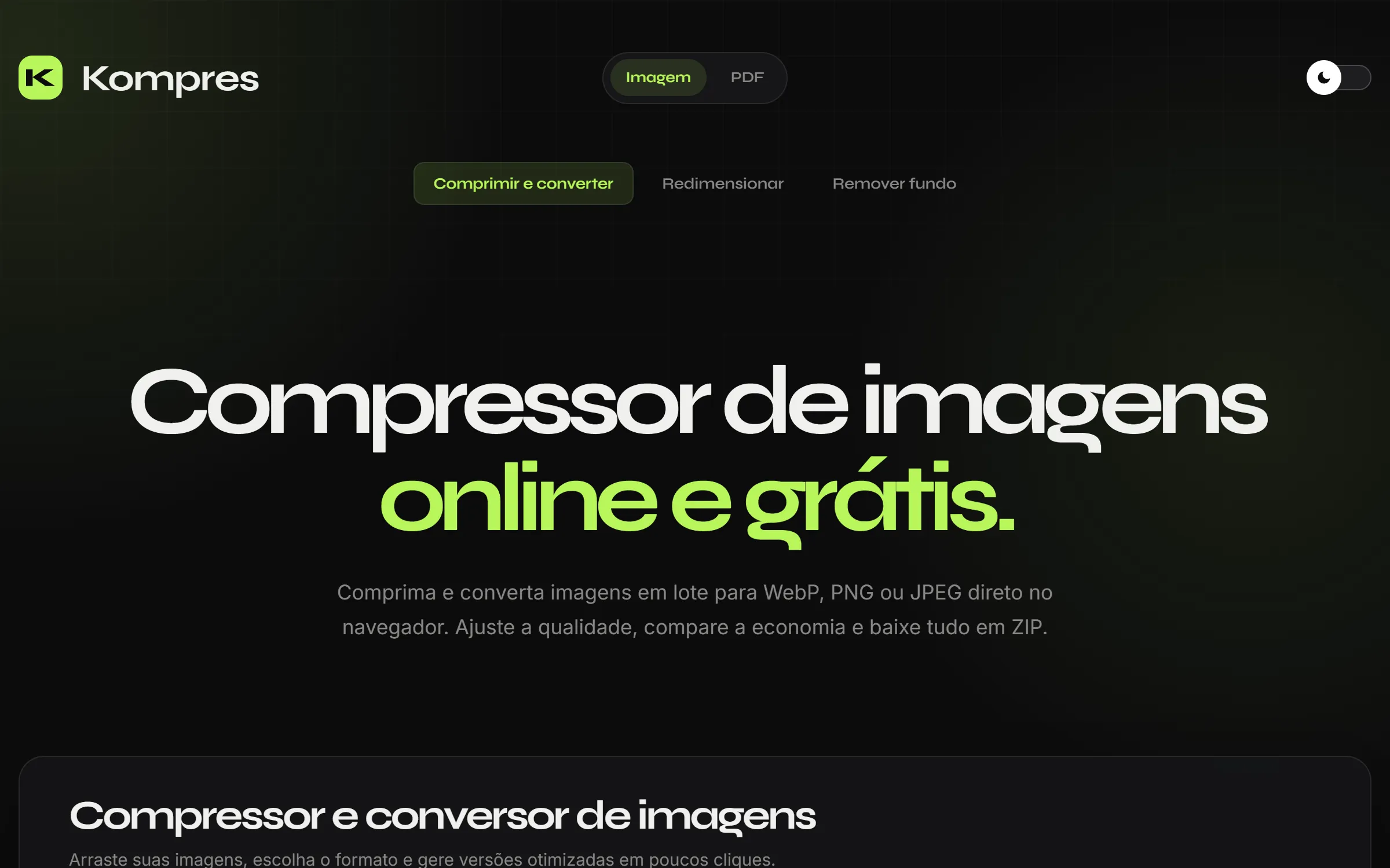 Página inicial do Kompres: compressor de imagens online e grátis