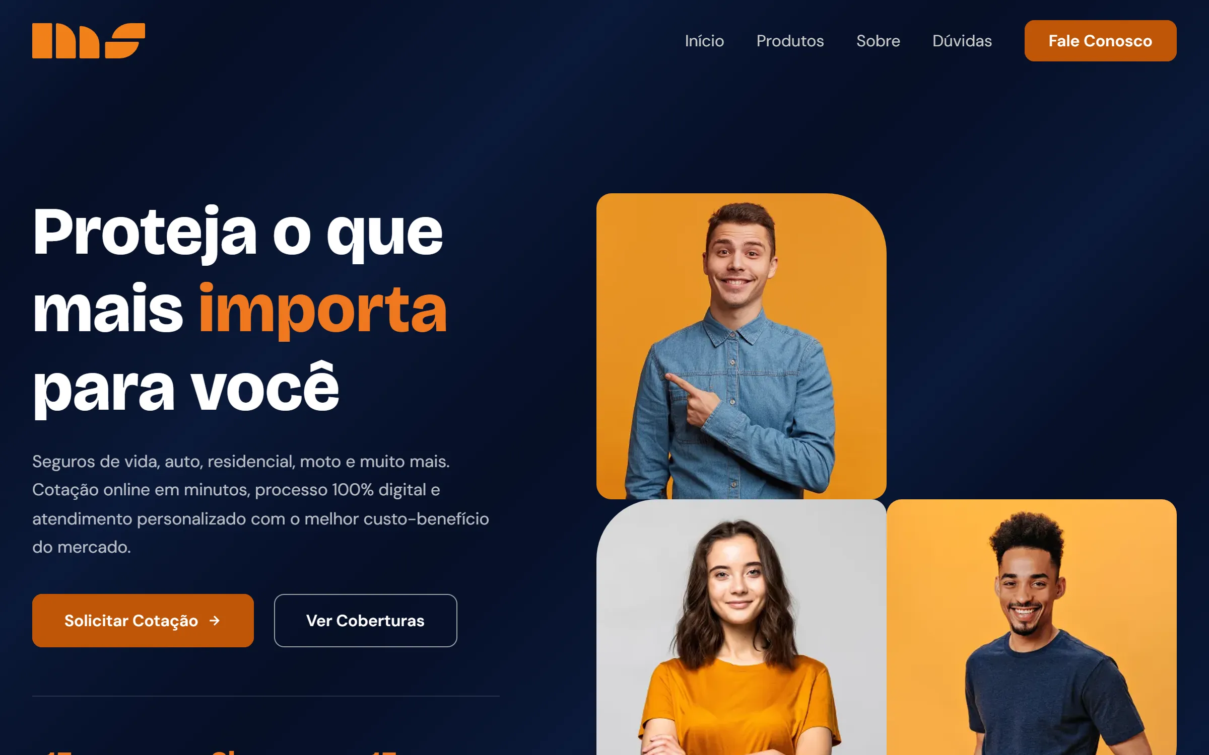 Página inicial do site da MS Corretora de Seguros: título, chamada para cotação e fotos de clientes