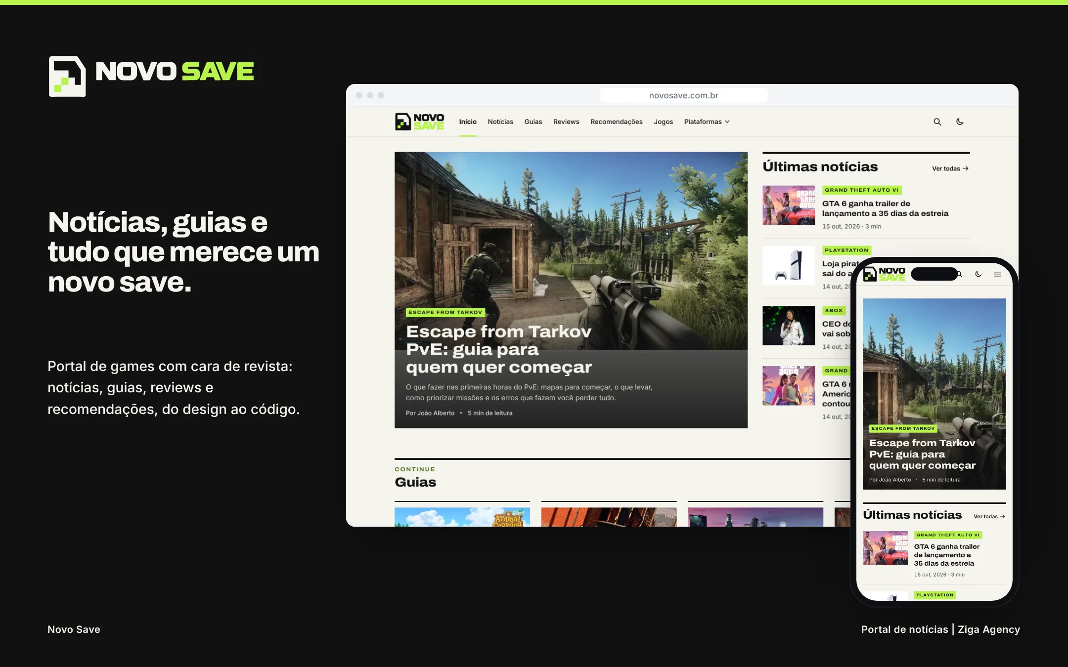 Capa do case Novo Save: Notícias, guias e tudo que merece um novo save, com o site no computador e no celular