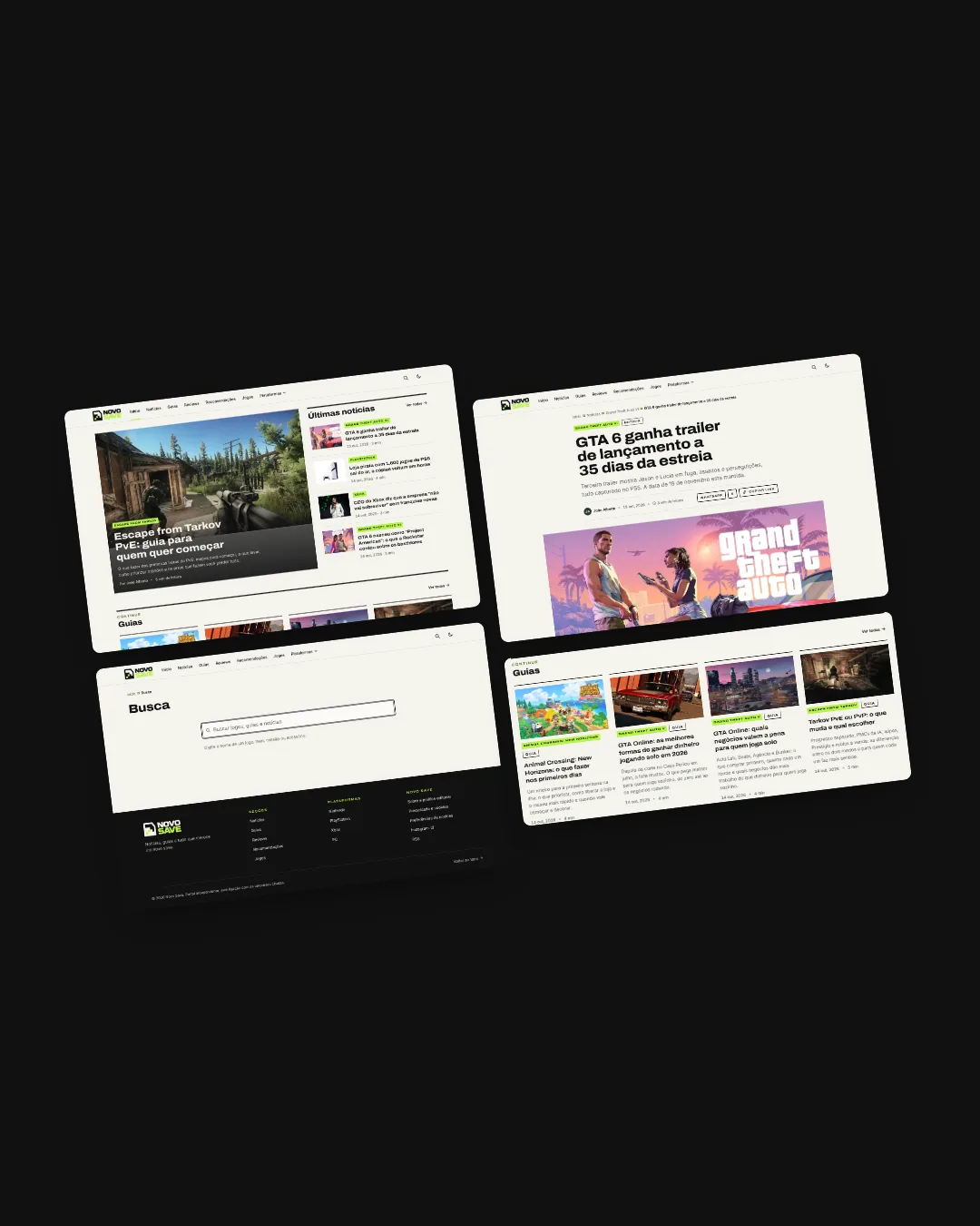 Seções do site Novo Save lado a lado, em diagonal