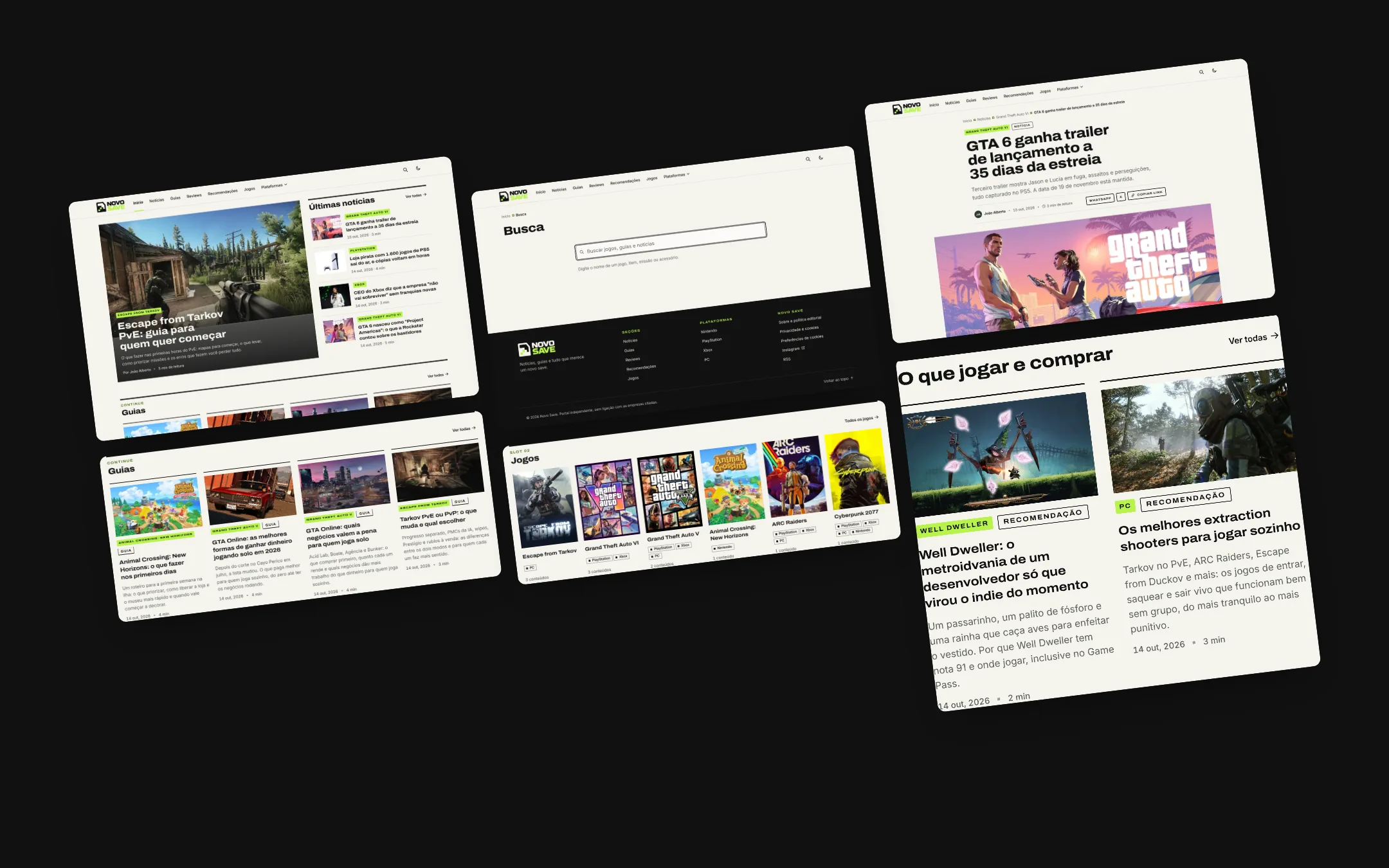 Seções do site Novo Save lado a lado, em diagonal