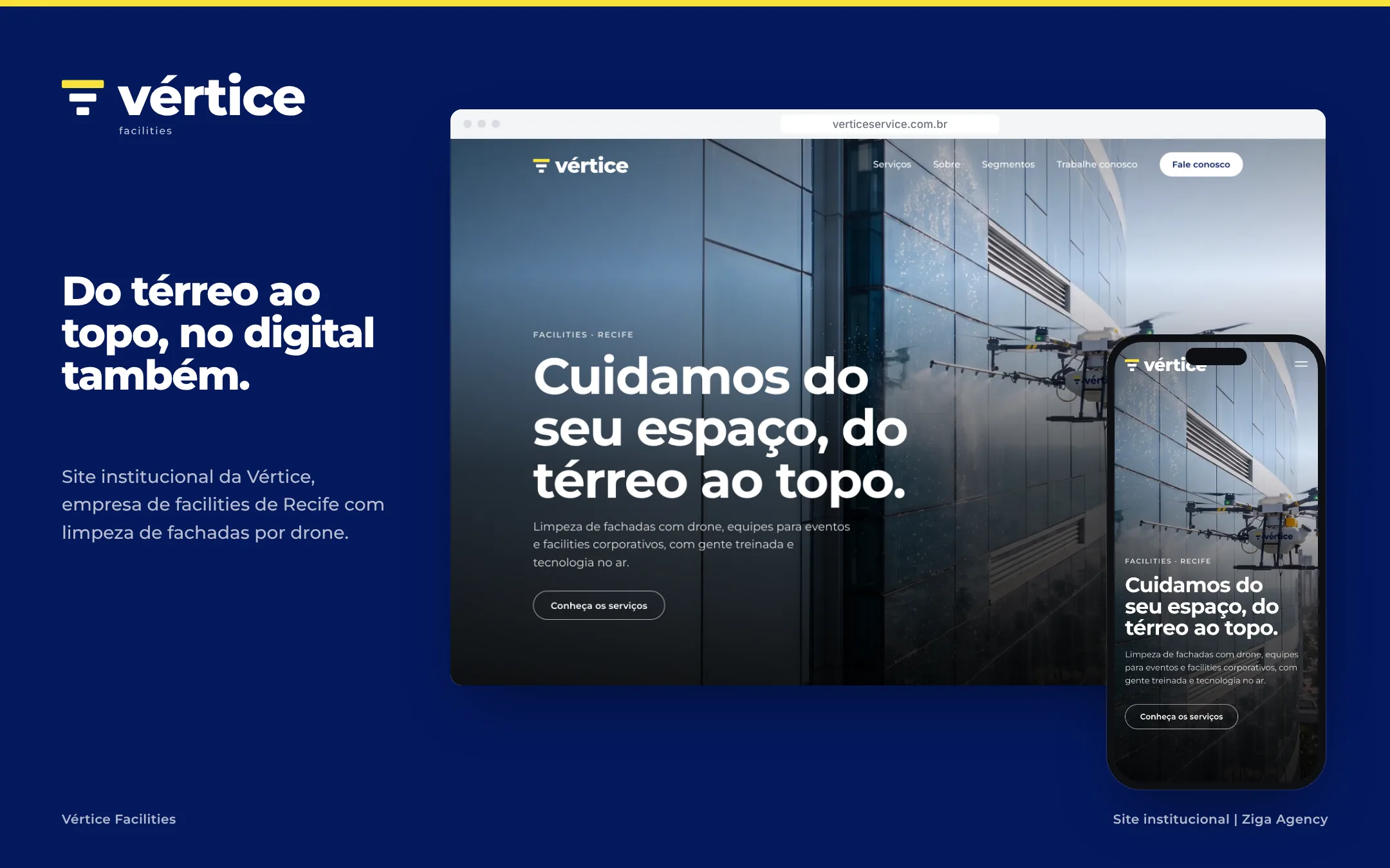 Capa do case Vértice Facilities: Do térreo ao topo, no digital também, com o site no computador e no celular