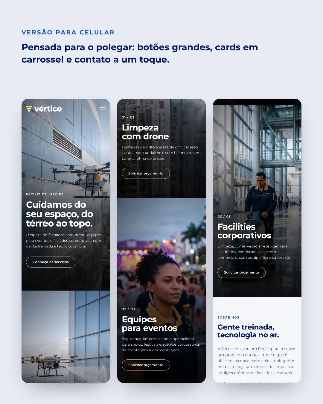 Versão para celular do Vértice Facilities, de cima a baixo
